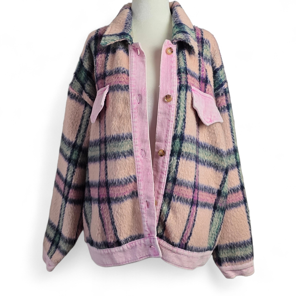 Nwt Mazik Womens Pink and Blue Plaid Courdroy Jacket